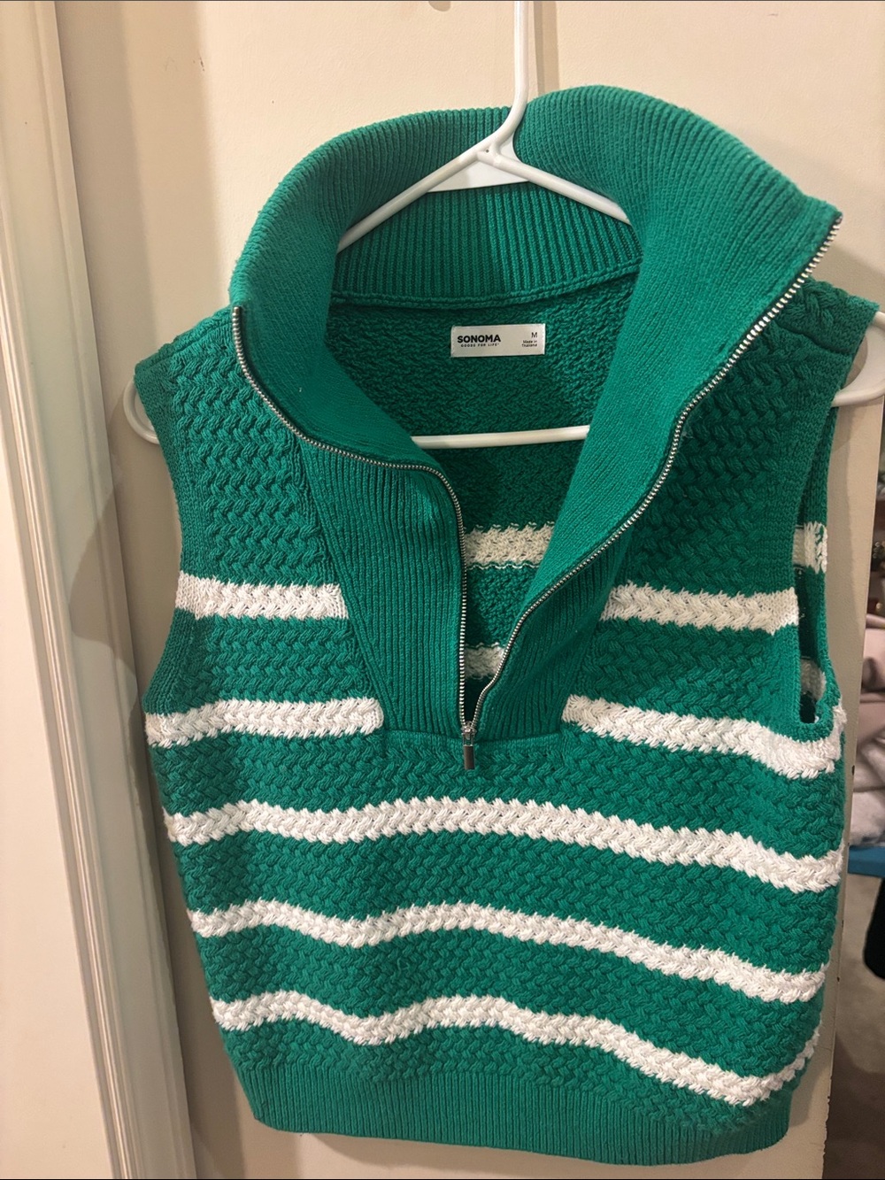 SONOMA Teal Green and White Striped Knit V-Neck Sweater Vest - Size Medium